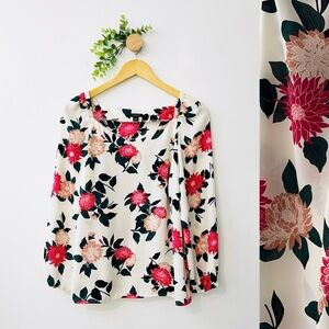 Ann Taylor Factory Long Sleeve Romantic Floral V-Neck Career Blouse